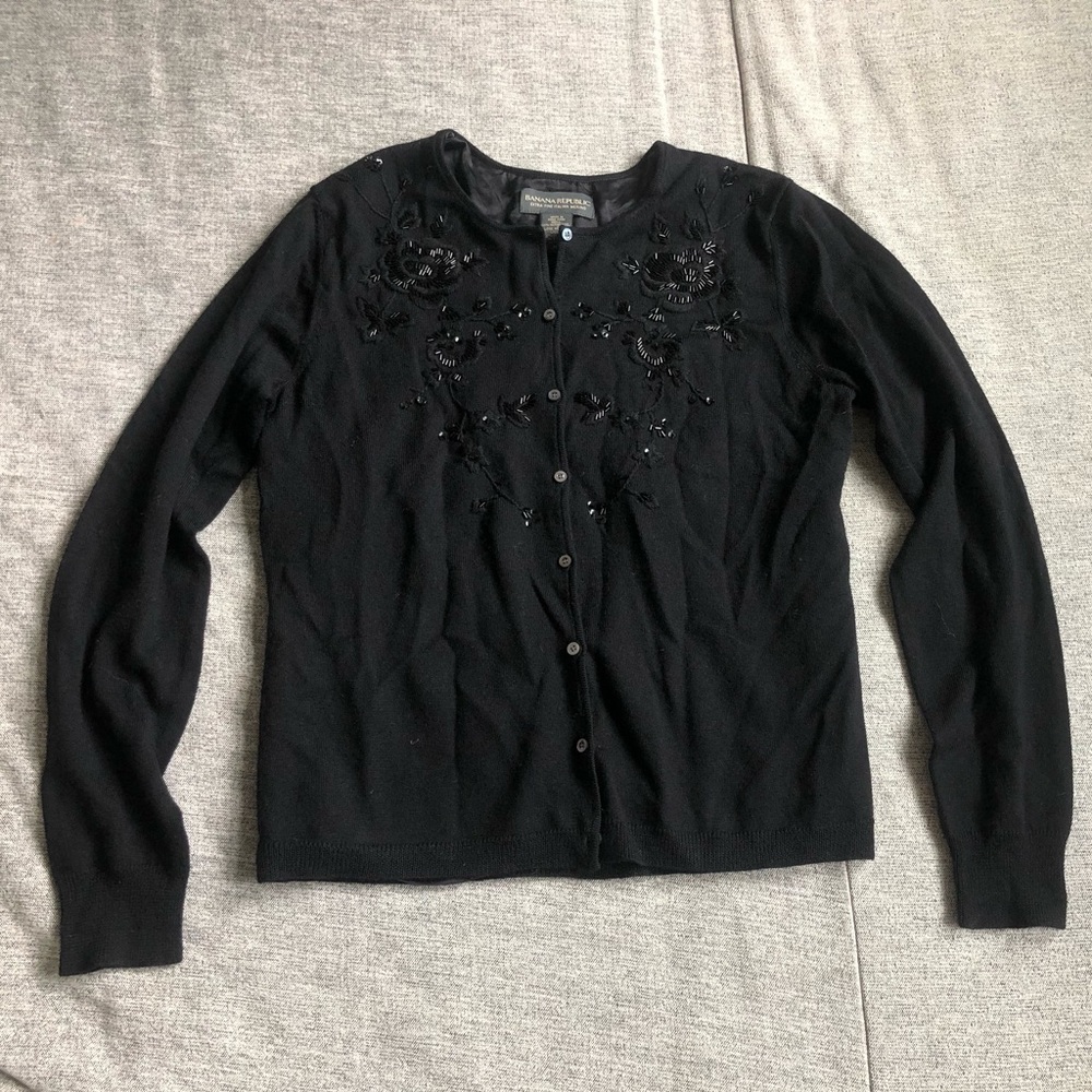 New Banana Republic black fine merino wool silk beaded cardigan sweater M medium